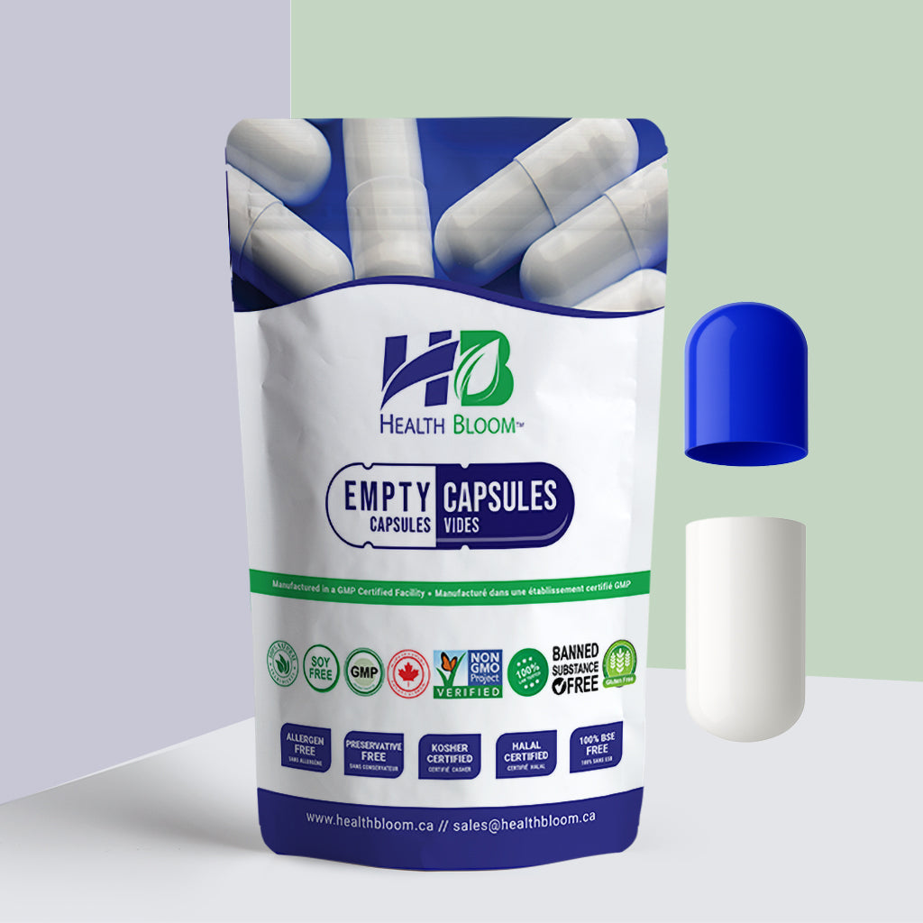 Health Bloom empty capsules packaging with a blue cap and white capsule on a light green background