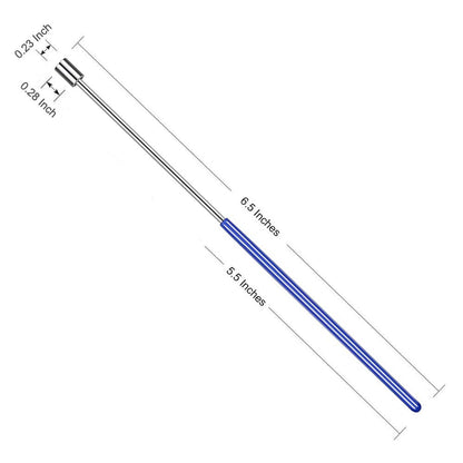 A long-handled tamper shown on a white background with dimension labels indicating 6.5 inches total length, 5.