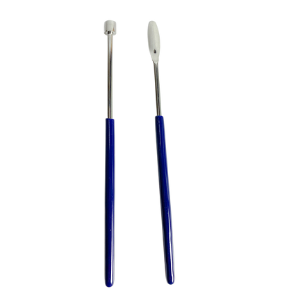 Two blue-handled tools with metal ferrules on a white background