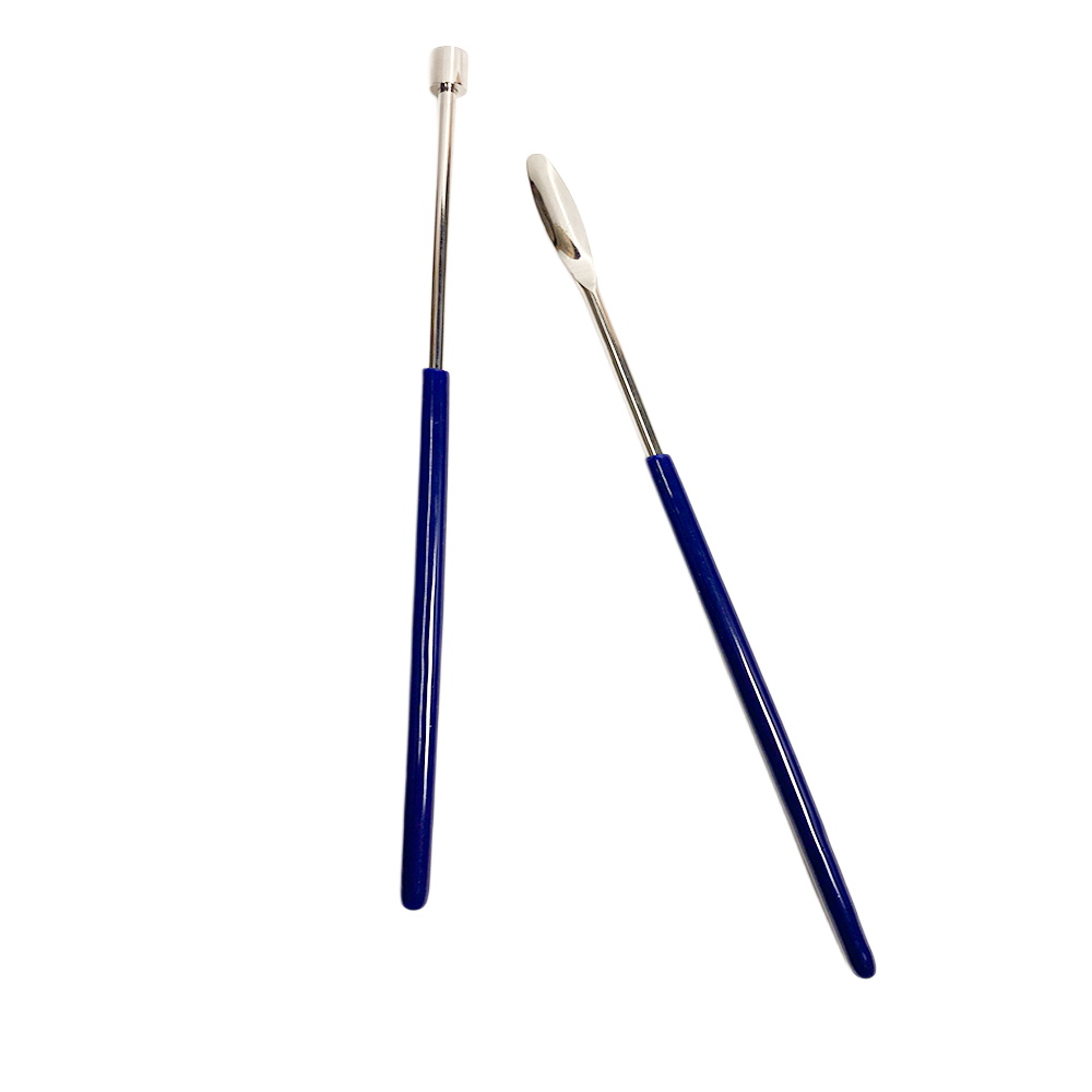 Two blue-handled tools with metal ferrules on a white background