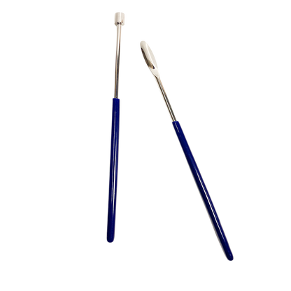 Two blue-handled tools with metal ferrules on a white background