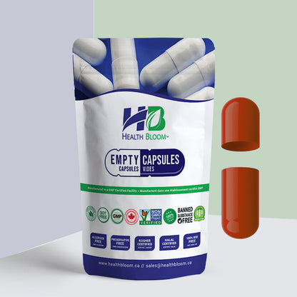 Package of Health Bloom empty capsules with two red capsules on a light green background