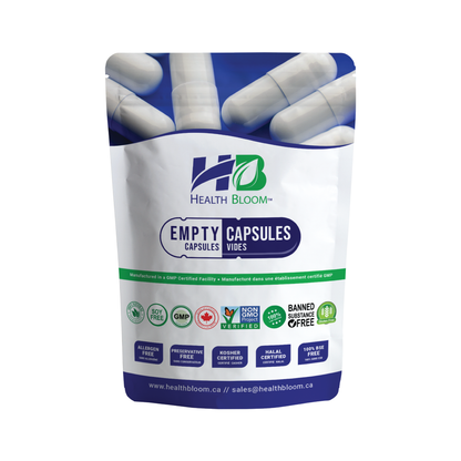 A package of Health Bloom Empty Gelatin Capsules, size 0 white, with a snap-shut technology feature.