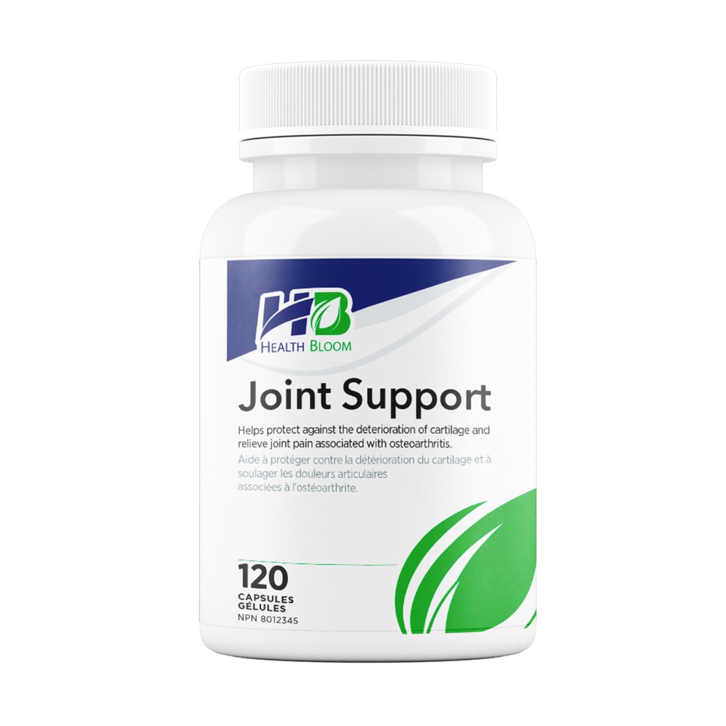 A bottle of Health Bloom Joint Support supplement with 120 capsules inside. The label on the bottle indicates that it is formulated to support joint health and function.