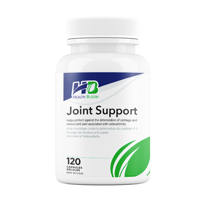 A bottle of Health Bloom Joint Support supplement with 120 capsules inside. The label on the bottle indicates that it is formulated to support joint health and function.