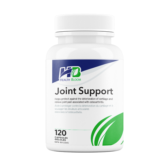 A bottle of Health Bloom Joint Support supplement with 120 capsules inside. The label on the bottle indicates that it is formulated to support joint health and function.